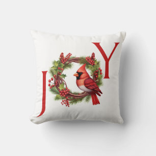 Joy Watercolor Wreath with Red Cardinal Throw Pillow