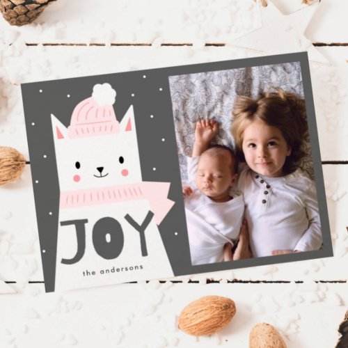 JOY White Christmas Cat Family Photo Holiday Card