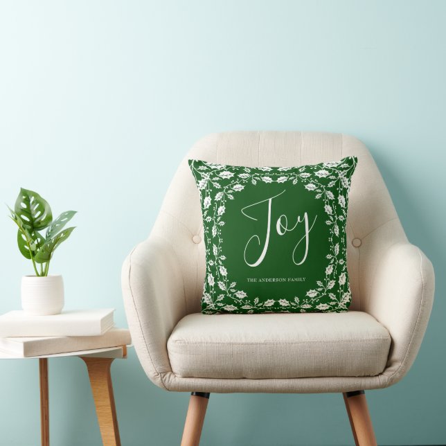 Joy White Christmas Holly Dark Green Throw Pillow (Chair)