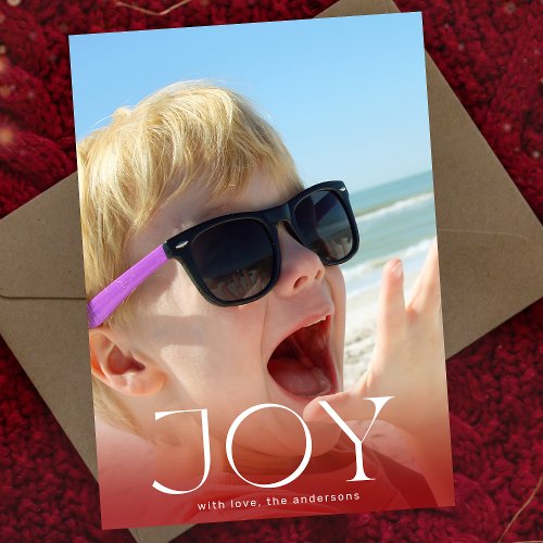 JOY White Red Overlay Photo Modern Holiday Card