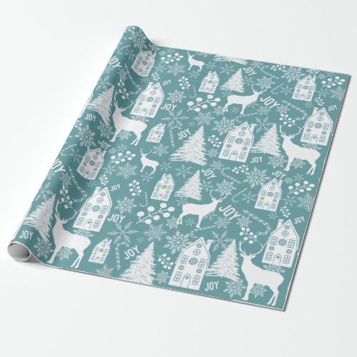 Joy White Teal Christmas Wrapping Paper