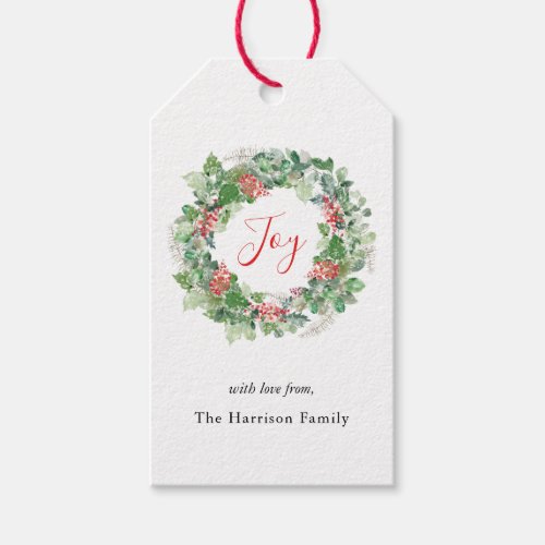 Joy Winter Berries and Greenery Christmas Wreath Gift Tags