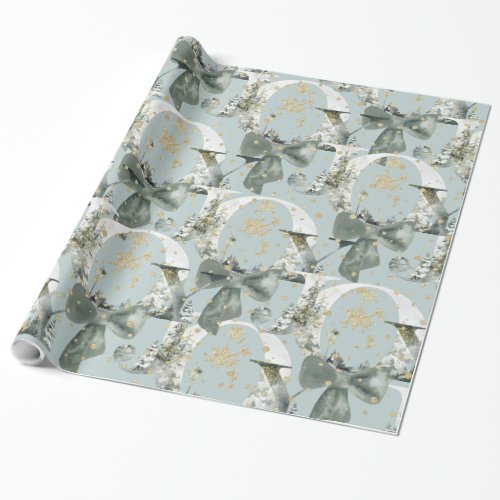 Joy Winter Forest Font Green Bow Gold Snow Wrapping Paper