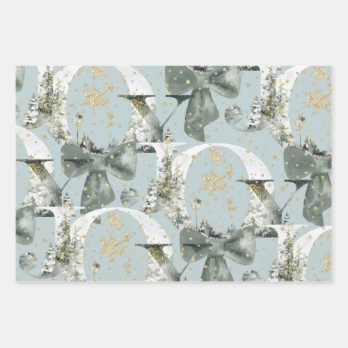 Joy Winter Forest Font Green Bow Gold Snow   Wrapping Paper Sheets