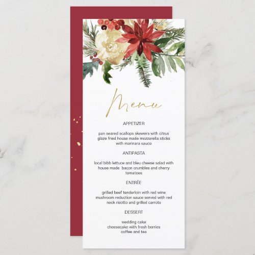 JOY Winter Poinsettia Floral Gold Menu Cards