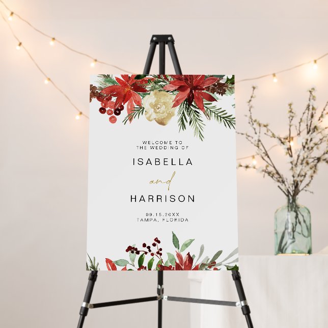 JOY Winter Poinsettia Holiday Wedding Welcome Foam Board (In Situ (Stand))