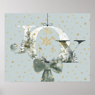 Joy Winter Woodland Forest Lettering Gold Snow Poster