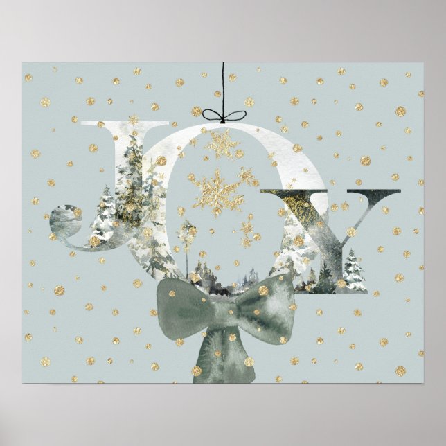 Joy Winter Woodland Forest Lettering Gold Snow Poster (Front)