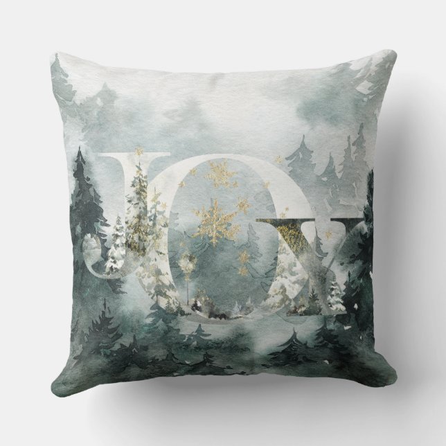 Joy Winter Woodland Mountain Forest Gold Snowflake Throw Pillow (Back)