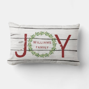 Joy Winter Wreath Family Christmas Lumbar Pillow