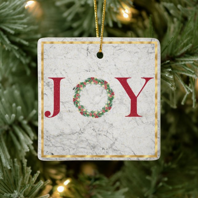 Joy with Gold Frame Tree  On Marble Ceramic Ornament (Tree)