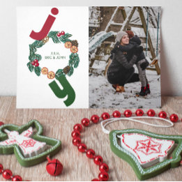 Joy with photo and illustrated christmas wreath holiday card