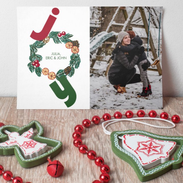 Joy with photo and illustrated christmas wreath holiday card (Creator Uploaded)