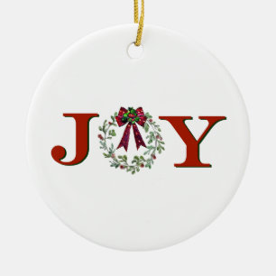 Joy With Wreath Ceramic Ornament