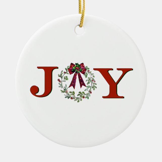 Joy With Wreath Ceramic Ornament (Front)