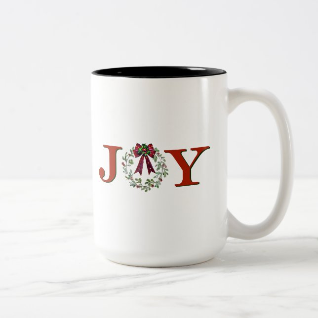 Joy With Wreath Two-Tone Coffee Mug (Right)