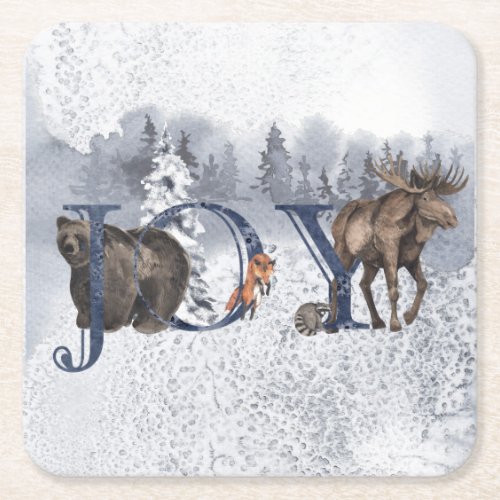 Joy Woodland Animal Winter Snow Holiday Square Paper Coaster