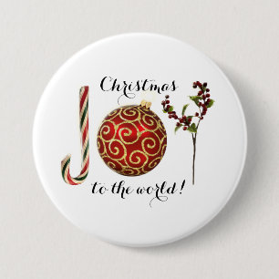 Joy word art candy cane ornament and holly button