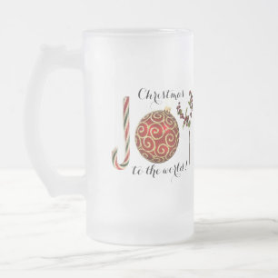 Joy word art candy cane ornament and holly frosted glass beer mug