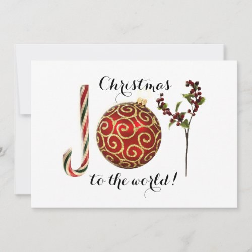 Joy word art candy cane ornament and holly holiday card