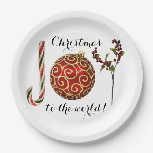 Joy word art candy cane ornament and holly paper plates