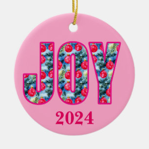 JOY Word Art in Fuchsia Pink and Teal Ceramic Ornament