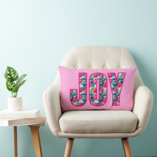 JOY Word Art in Fuchsia Pink and Teal Green Lumbar Pillow