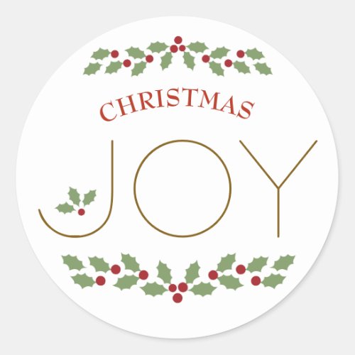 Joy Word Christmas Holly Festive Simple Modern Classic Round Sticker