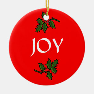 Joy Word Holly with Red Berries Christmas Green Ceramic Ornament
