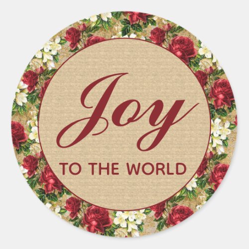 Joy World Christmas Red Floral Rustic Vintage     Classic Round Sticker