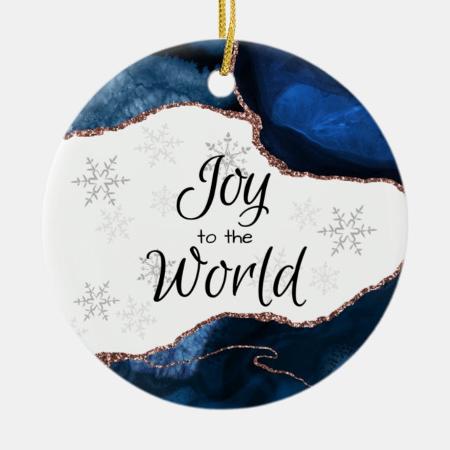 Joy World Elegant Blue Gold Glitter Geode Ceramic Ornament (Front)