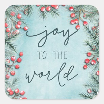 Joy World Religious Christmas Rustic Holiday Blue Square Sticker by rua_25 at Zazzle