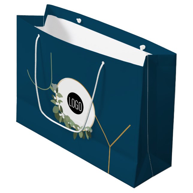 Joy wreath Business Logo Holiday Blue Christmas Large Gift Bag (Front Angled)
