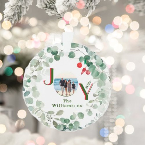 JOY Wreath Green Red Letters Photo Christmas   Ornament