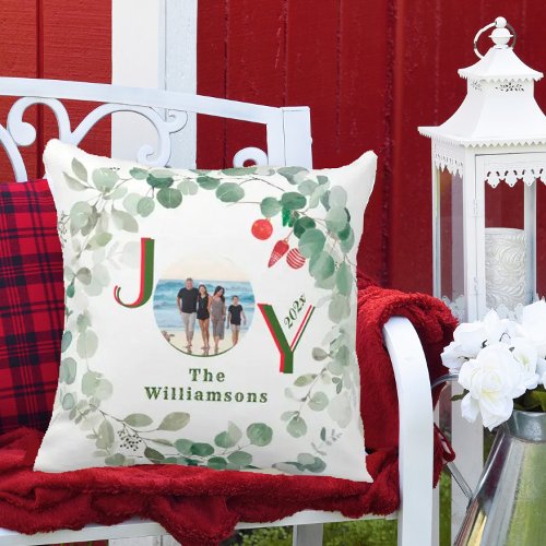 JOY Wreath Green Red Letters Photo Christmas    Throw Pillow