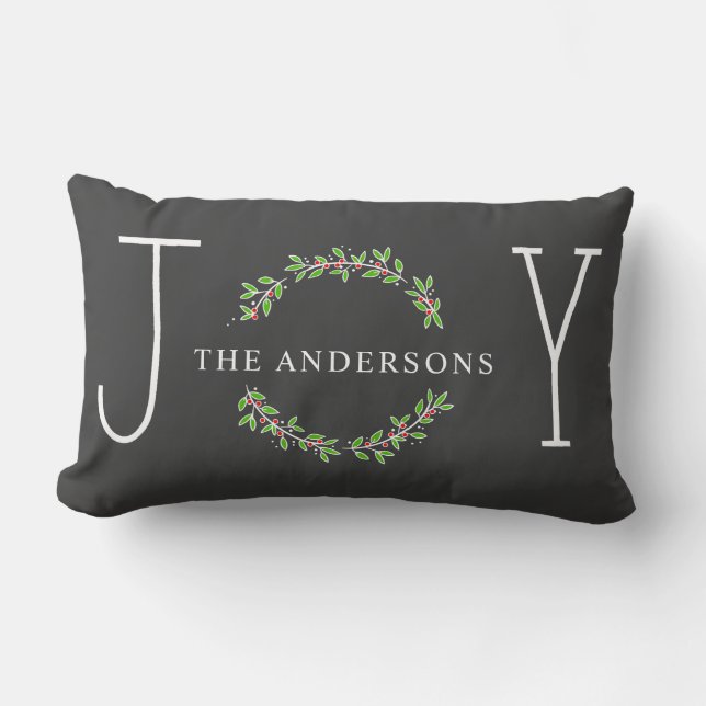 Joy Wreath Modern Monogram Christmas Holiday Lumbar Pillow (Front)