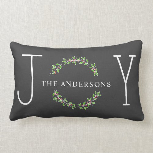 Joy Wreath Modern Monogram Christmas Holiday Lumbar Pillow