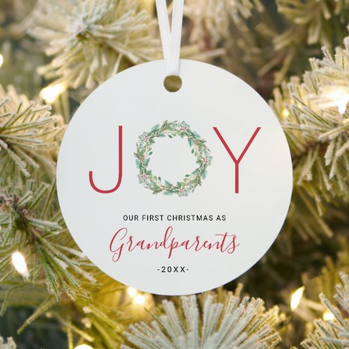 Joy Wreath Our First Christmas as Grandparents Metal Ornament