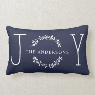 Joy Wreath White Modern Monogram Christmas Holiday Lumbar Pillow
