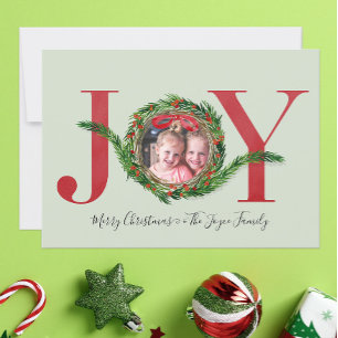 Joy Wreath with Red Berries Photo Christmas Card