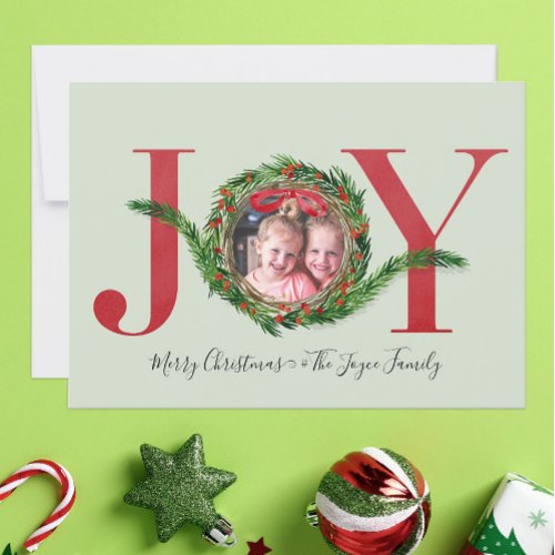 Joy Wreath with Red Berries Photo Christmas Card