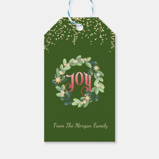 Joy,Wreth ,Confetti,Green Gift Tags (Front)