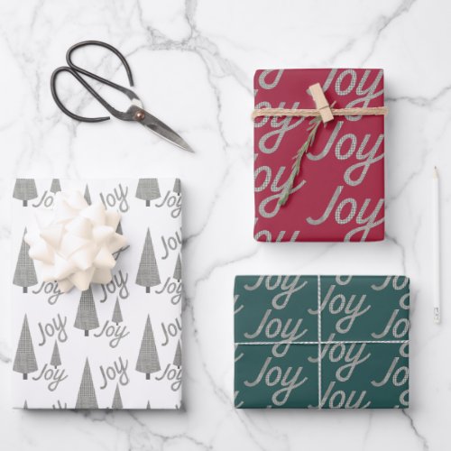 Joy Xmas Tree Houndstooth White Burgundy Green Wrapping Paper Sheets