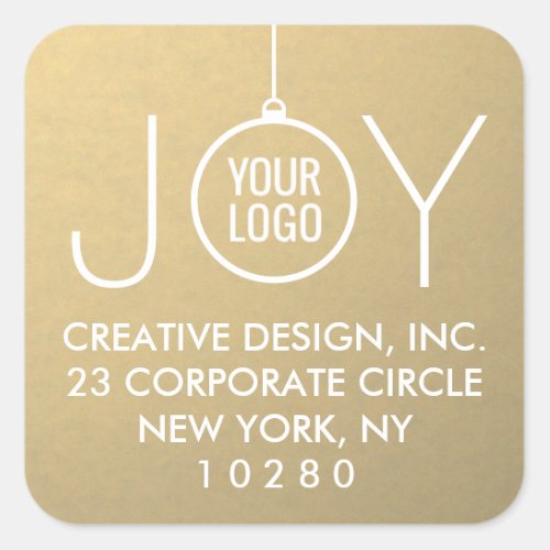 JOY Your Logo Faux Gold Foil Return Address Labels - Make an impression for the Holidays with these elegant white and simulated gold foil glossy return address labels / envelope seals. Your company logo appears inside an ornament that forms the O in JOY. For best results, logo image should be white with a transparent background.  IF YOU NEED TO CHANGE YOUR LOGO BACKGROUND FROM WHITE TO TRANSPARENT, SEE INSTRUCTIONS BELOW. Simple modern design features chic stylish typography which is simple to customize for corporate use. Business clients, family, and friends will love the sophisticated luxury of this personalized finishing touch to holiday greeting cards, invitations, gift baskets, or thank you notes. Merry Christmas!

TO CHANGE LOGO BACKGROUND FROM WHITE TO TRANSPARENT:  Click "Personalize" or "Personalize this template", then scroll down and choose "Click to customize further."  In column on left hand side click "Your Logo." On the menu at the right under "Remove white from image," choose either "Background only" or "All white in image." When finished, click "Done."