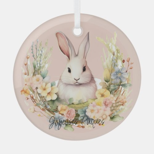 Joyeuses Pques Easter Bunny In A Floral Wreath Gl Glass Ornament