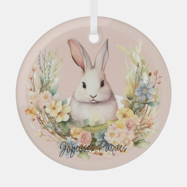Joyeuses Pâques Easter Bunny In A Floral Wreath Gl Glass Ornament (Front)