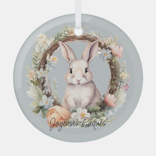 Joyeuses Pques Easter Bunny In A Floral Wreath Glass Ornament