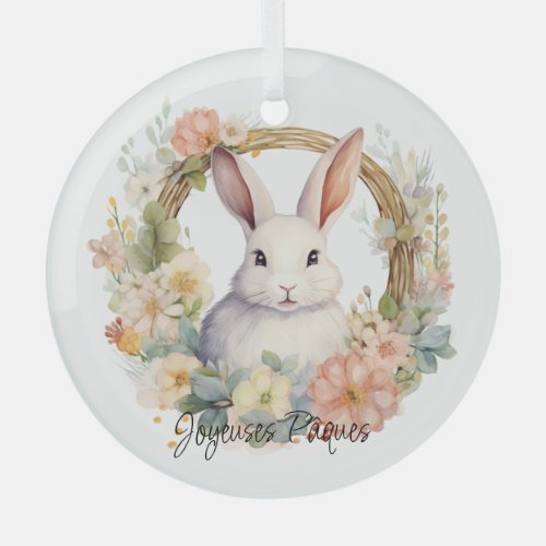 Joyeuses Pques Easter Bunny In A Floral Wreath Glass Ornament
