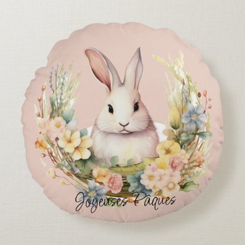 Joyeuses Pques Easter Bunny In A Floral Wreath Round Pillow