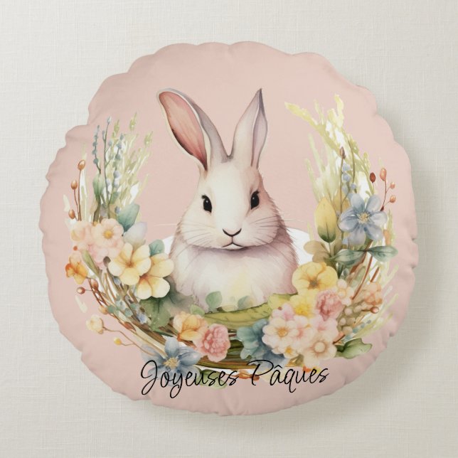 Joyeuses Pâques Easter Bunny In A Floral Wreath Round Pillow (Front)